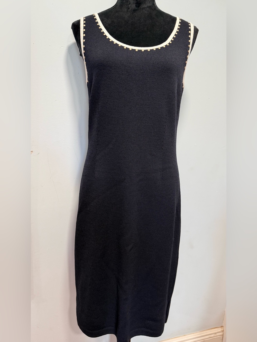 St. John Black Sleeveless Knit Midi Dress with Cream Trim Accents